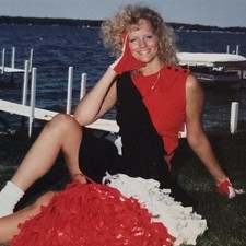 Vintage Photograph of Young Cheerleader & Pom Poms w/ Perm by Lake & Dock picture