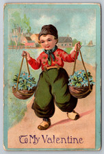 c1910s To My Valentine Dutch Boy Flowers Embossed Antique Postcard picture
