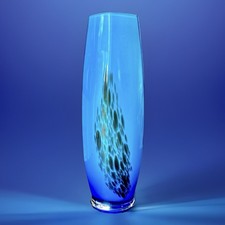 Pedestal Bud Vase Blue Fused Glass Ombré & Millifiore Inclusions 9” Teal White picture
