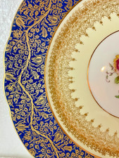 6 Antique China Porcelain Dinner Plates Set George Jones & Sons Cobalt Blue Gold picture