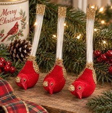 Vintage Bradford's Red Cardinal Christmas Ornaments 3 Flocked Gold Glitter NOS picture