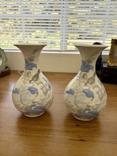 Vintage LLADRO Spain Porcelain Vases Pair Blue White Birds Flowers Raised Relief picture
