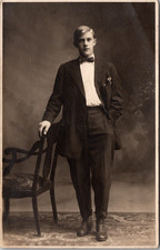Postcard Real Photo RPPC Tall Blonde Haired Young Man with Bowtie Jamestown NY picture