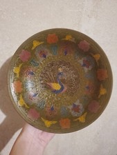 Beautiful Brass Peacock & Flower Multicolored Footed Bowl picture