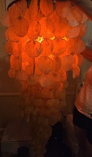 Vintage 1960s Midcentury Modern Capiz Shell Chandelier 3 Tier 7 Ft. picture