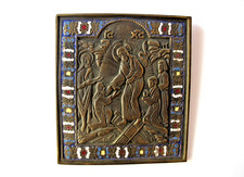 Vintage Brass Enamel Orthodox Icon 5 2/8