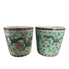 PAIR Of Chinese Export Heavily Enameled Turquoise Cachepots Planters Pots picture