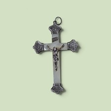 amazing ANTIQUE french NUNS crucifix / MOTHER OF PEARL / silver / x picture