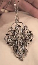 Sparklyt Openwork Curved & Swirled Rhinestone Cross Silvertone Pendant Necklace picture