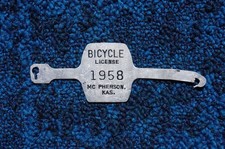 Vintage McPHERSON Kansas BICYCLE License Plate Tag # 1958 picture