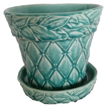 VTG McCoy Ceramic Planter w/attached Saucer, Diamond & Leaf Patterns, Teal/Green picture
