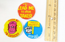 Vintage 3 dif 70s Crazy Wacky Mad funny  Tin Comic Pinback Button New old stock picture