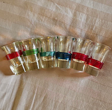 Set of 6 Mini 1 fl oz Tsing Tao Clear Glass Shot Glasses w/ Red Green Blue Bands picture
