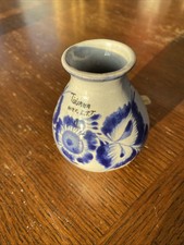 Vintage Mexico Pottery Ceramic Bud Vase Grey w Blue Hand Painted Flowers picture