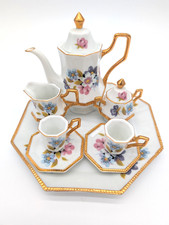 Vintage Miniature Porcelain Octagonal Tea Set Floral Gold Trim Tray Pot Cups 10p picture