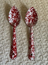2 VTG Red & White Enamelware Speckled Splatterware Spoons  Farmhouse Chic 6” picture