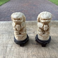 Vintage Pair Shi Foo Dog Carved Ivory Resin Lions 5” picture