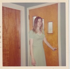Vintage Aug 1975 Photo Young Woman Green Dress Mid Century Modern Entryway Door picture