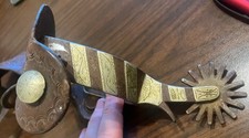Vintage Crockett Western Spurs Silver Overlay Engraved Leather Straps Star Rowel picture
