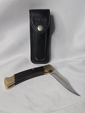 RARE BUCK 110 Pocket Knife INVERTED 2-line Tang Stamp 1972 USA, Leather Sheath picture