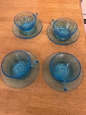 Vintage Hazel Atlas Capri Azure Blue Hobnail Glass Cups & Saucers Set Of 4 picture