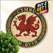 Welsh Dragon Crest Wales National Pride Retro Round Metal Sign picture