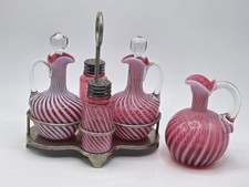 Vintage Fenton Cranberry Opalescent Spiral Optic Cruet Condiment Set Caddy 5pc picture