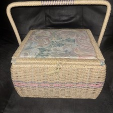 Wicker Woven Sewing Box Basket Vintage Wooden Bottom Large picture