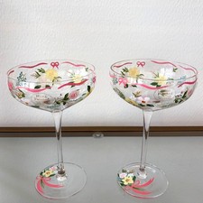 Hand Painted Coupe Glass Set of 2 Bows & Flowers Chic Barware NEW picture