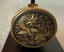 Vintage Spanish Toledo Damascene Round Pill Box Gold Inlaid Bird Floral Black picture