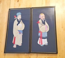 1930’s Pair Chinese Padded Hair Silk Embroidery Framed Immortals Vintage 14” picture