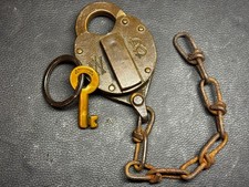ANTIQUE 1878 W BOHANNAN No 87 PADLOCK BRASS ORIGINAL KEY & CHAIN BROOKLYN NY picture