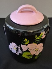 McCoy Black Cookie Jar Hand Painted Pink Flowers Pink Lid Vintage USA picture