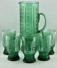 EAPG Emerald Green Chevron Glass Tankard Lemonade Set 5 Tumblers 1890s Antique picture
