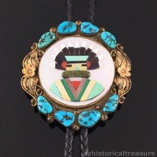 NATIVE AMERICAN ZUNI GOLD FILLED MULTI-STONE INLAY & TURQUOISE KACHINA BOLO TIE picture