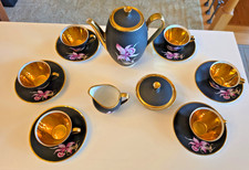15pc Vintage Crown Bavaria Matte Black Coffee Tea Service Set Pink Orchid 24k picture