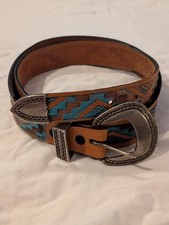 Vintage Western Belt 34 Tooled Leather Turquoise Painted Aztec w/ Silver Buckle picture