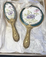 Antique Gold ToneMirror And Brush Vanity Hand Painted Floral Painted Porcelain picture