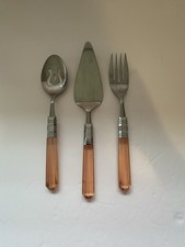 VTG Peach Lucite Handled Serving Set Of 3 Fork Spoon Pie Server Stainless Steel picture