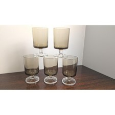 Vintage Smoked Brown Wine Glasses Set of 5 French Mid Century Barware Goblets picture