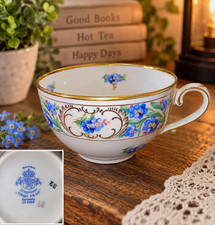 Schumann Bavaria Porcelain Tea Cup Painted Floral Gold Trim Blue White Handle picture