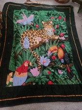 VHTF Vintage NOVATEX Cobertor Blanket LEOPARD Jungle Birds Mexico 90s Plush RARE picture
