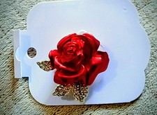 Red Rose Brooch Pin Satin Finish w/ Faceted Faux Gem Leaves Rhinestone Accents  picture