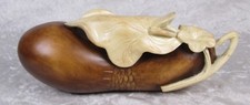 Japanese Wooden Hand Carved Gourd Treasure Box with Leaves 9-1/2 inch Vintage picture