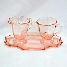 Vintage Pink Depression Glass Creamer, Sugar Bowl & Matching Tray Set –UV Glow picture