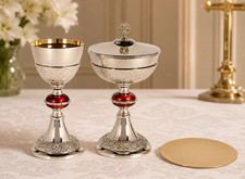 Gold and Nickel Plated Brass Ciborium, Chalice Cup and Paten Grape Pattern Set picture
