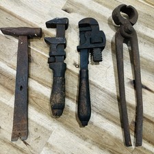 Lot Of 4 Antique Monkey Pipe Wood Handle Wrench Allentown Pliers Tack Hammer picture