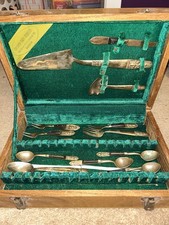 vintage Mid-Century Modern Thai bronzeand rosewood flatware serving set picture
