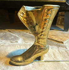 Vintage Brass Victorian Boot Shoe Heel Figurine Fashion Theme Tall Decorative picture