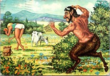 Greek God PAN A Tragic Dilemma Half Man Half Goat Girl Cow Humor 1970s Postcard picture